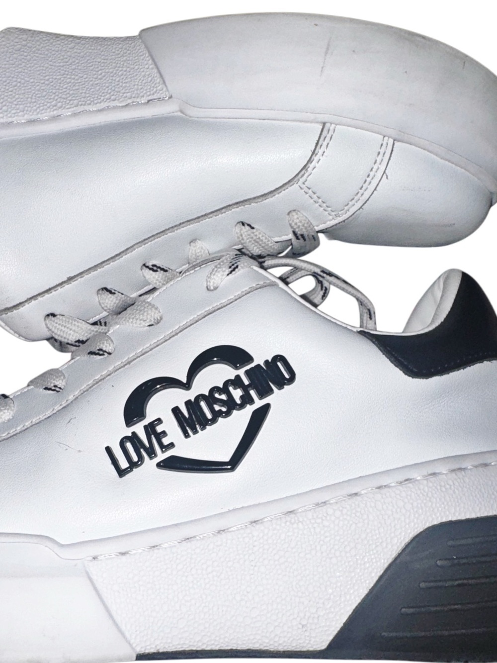 LOVE MOSCHINO - Logo Plaque Leather Platform Sneakers - White & Black - Picture 2 of 12